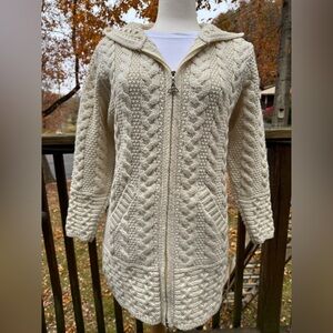 Aran Crafts Cardigan Womens Small Zip Up Cable Knit Merino Wool Pockets Hooded